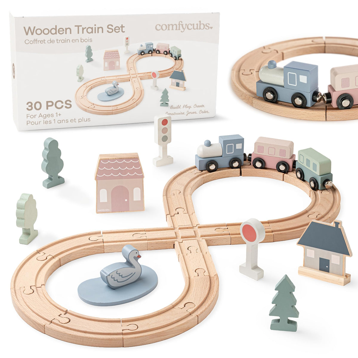 Comfy Cubs wooden train set tracks show a modular layout for creative play