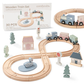 Comfy Cubs wooden train set tracks show a modular layout for creative play