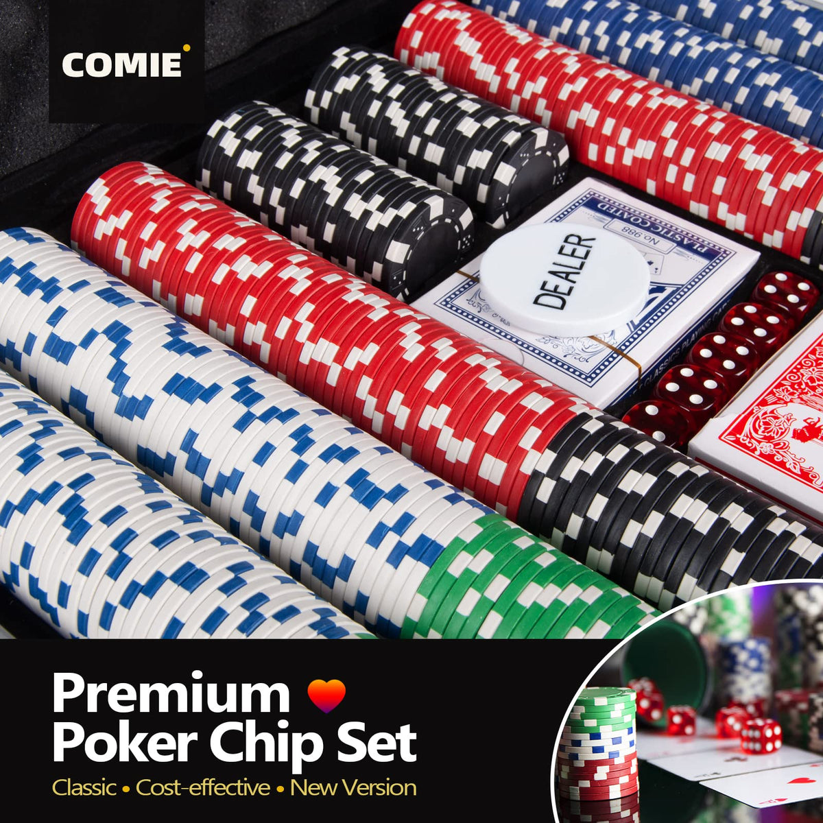 Blue, white, red, green, and black chips create a bold color mix.