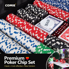 Blue, white, red, green, and black chips create a bold color mix.