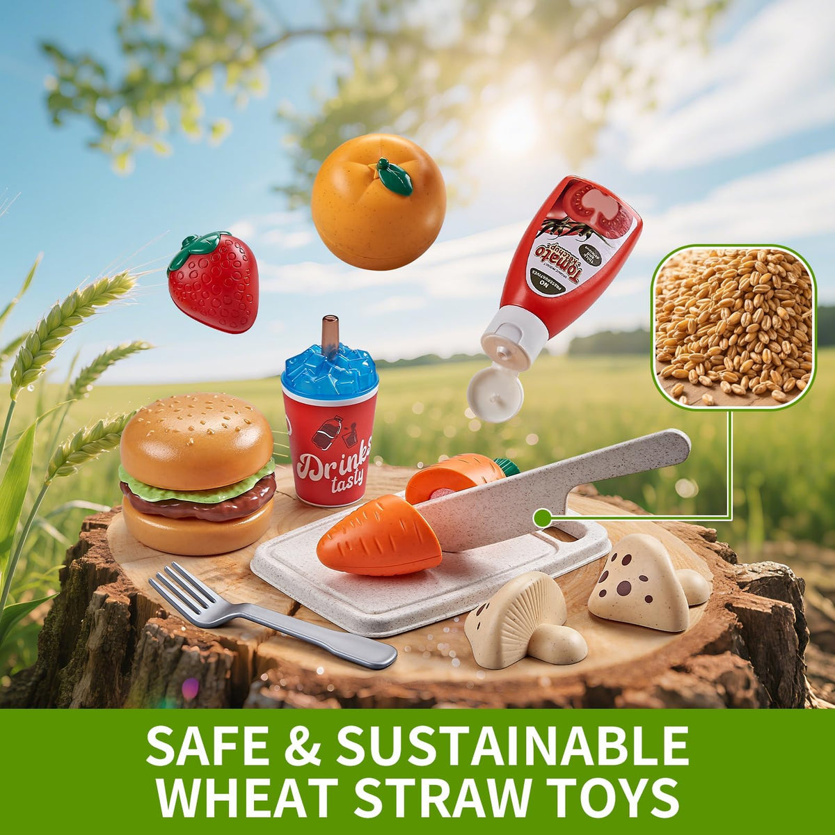 Comirth play food sets kitchen utensils and knife for safe cutting pretend cooking.