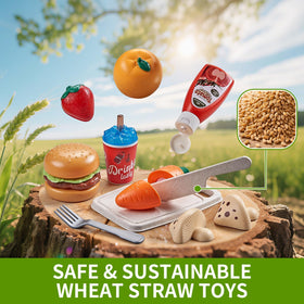 Comirth play food sets kitchen utensils and knife for safe cutting pretend cooking.
