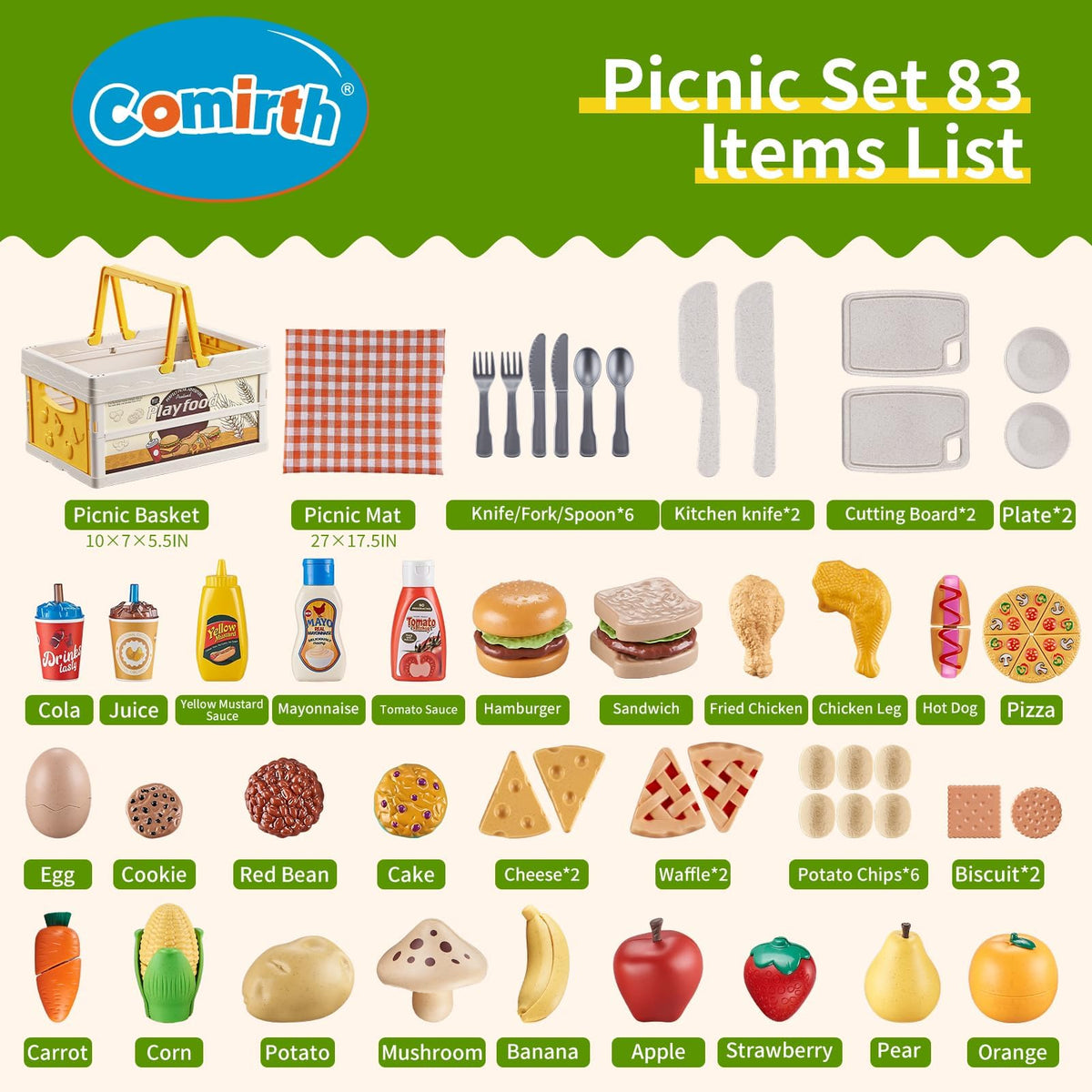 Comirth play food sets picnic basket enhances organized storage and on-the-go pretend meals.