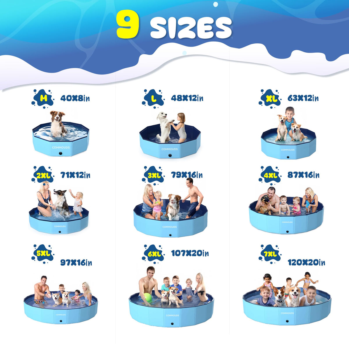COMMOUDS foldable dog pool fully expanded for easy water fun.