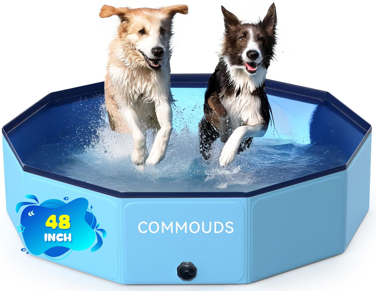 COMMOUDS foldable pool exterior shows durable, safe outdoor cooling for pets.