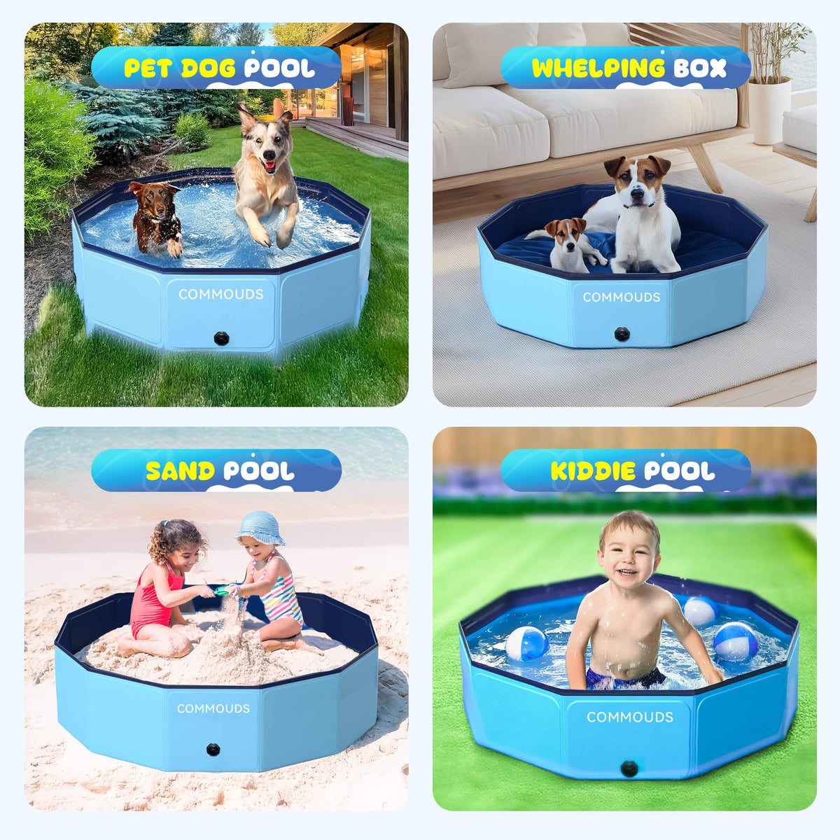 COMMOUDS foldable pool in use by kids and pets on a sunny day.