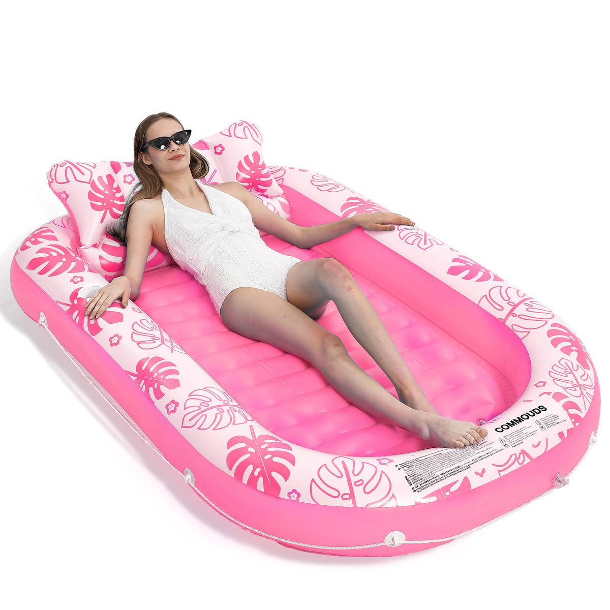 COMMOUDS inflatable pink pool lounger with cervical pillow for neck support during sunbathing