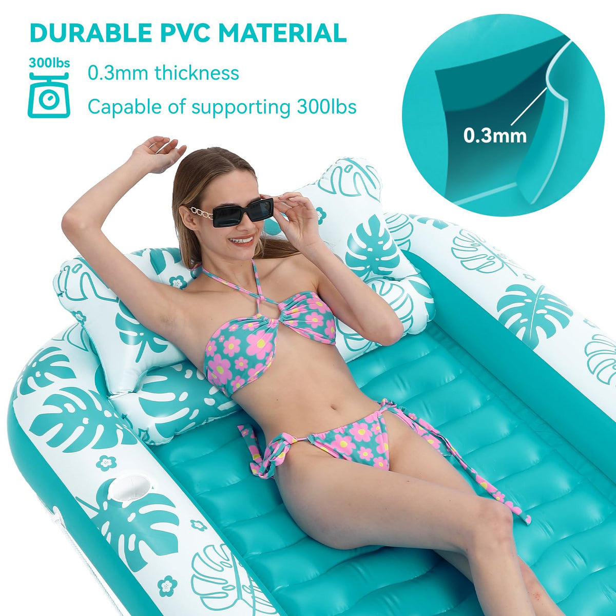 COMMOUDS large 71x47 floating lounger offers ample space to stretch out.