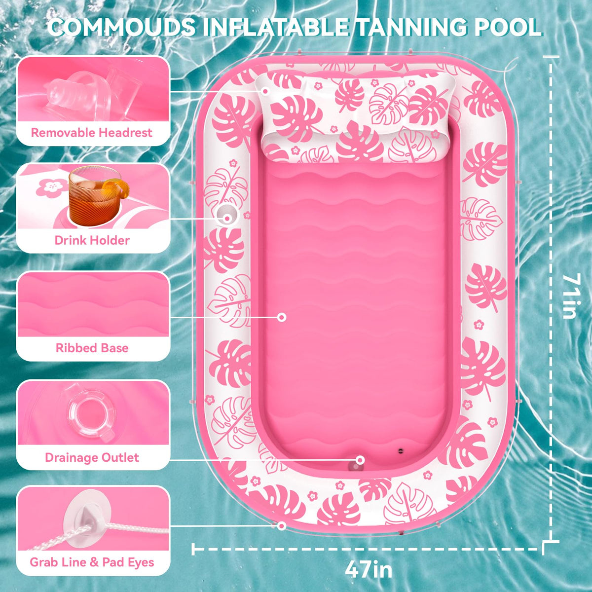 COMMOUDS 0.3mm PVC material provides durable, UV-resistant flotation with a soft feel