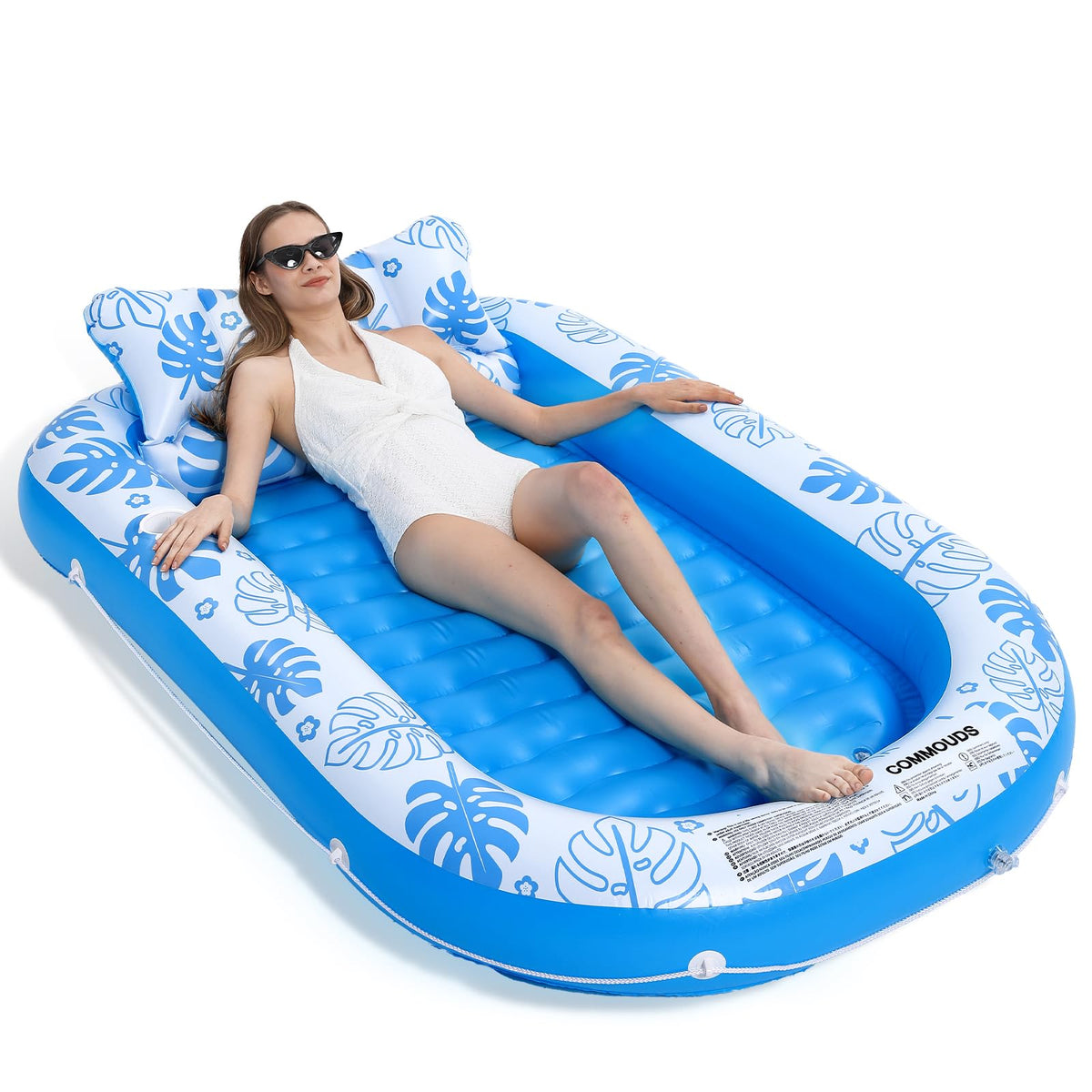 COMMOUDS SkyBlue tanning pool lounger with 71 x 47 inch surface for sunbathing on the water