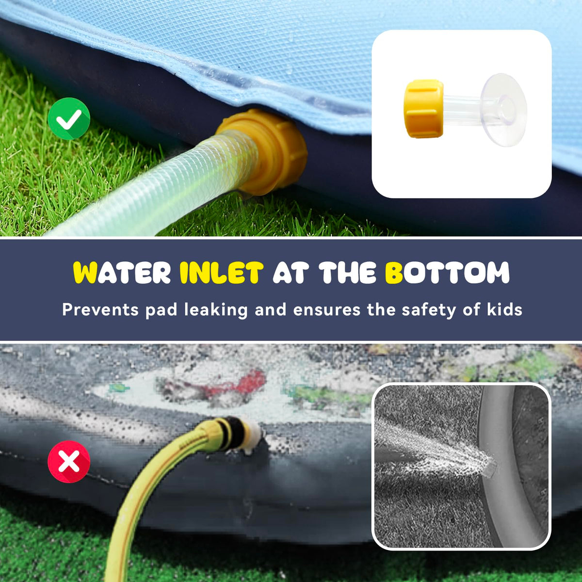 COMMOUDS splash pad bottom inlet prevents leaks and maintains pressure