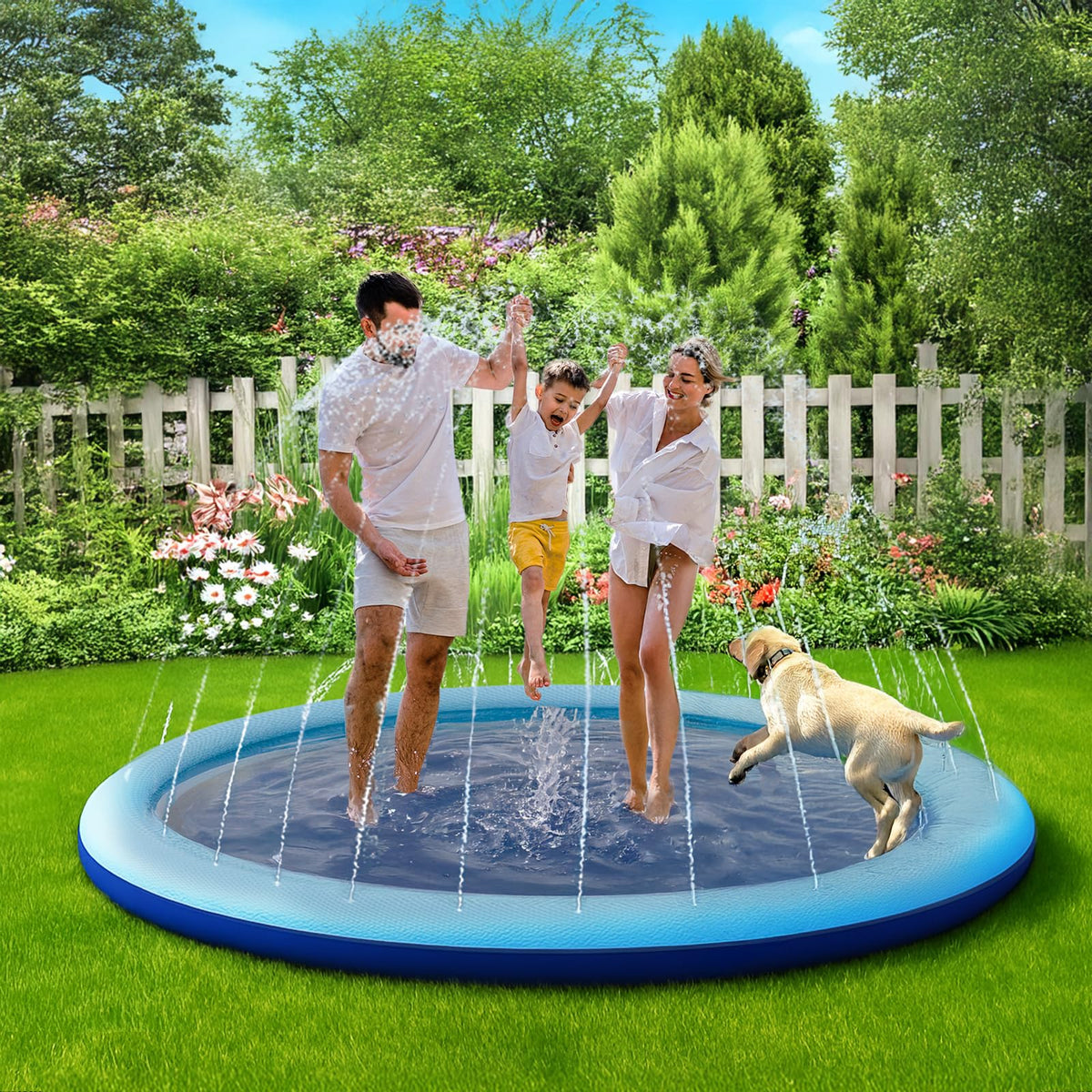 COMMOUDS splash pad kids and dogs playing outdoors safely