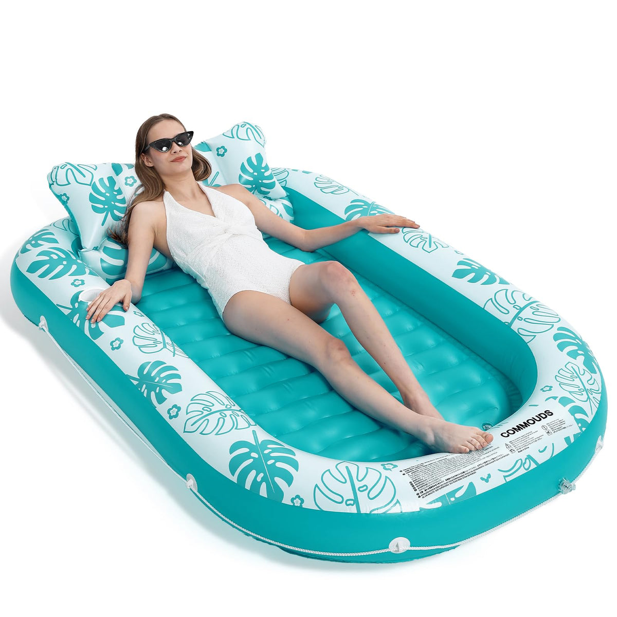 COMMOUDS inflatable tanning pool lounger teal green for comfortable sunbathing.