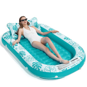 COMMOUDS inflatable tanning pool lounger teal green for comfortable sunbathing.