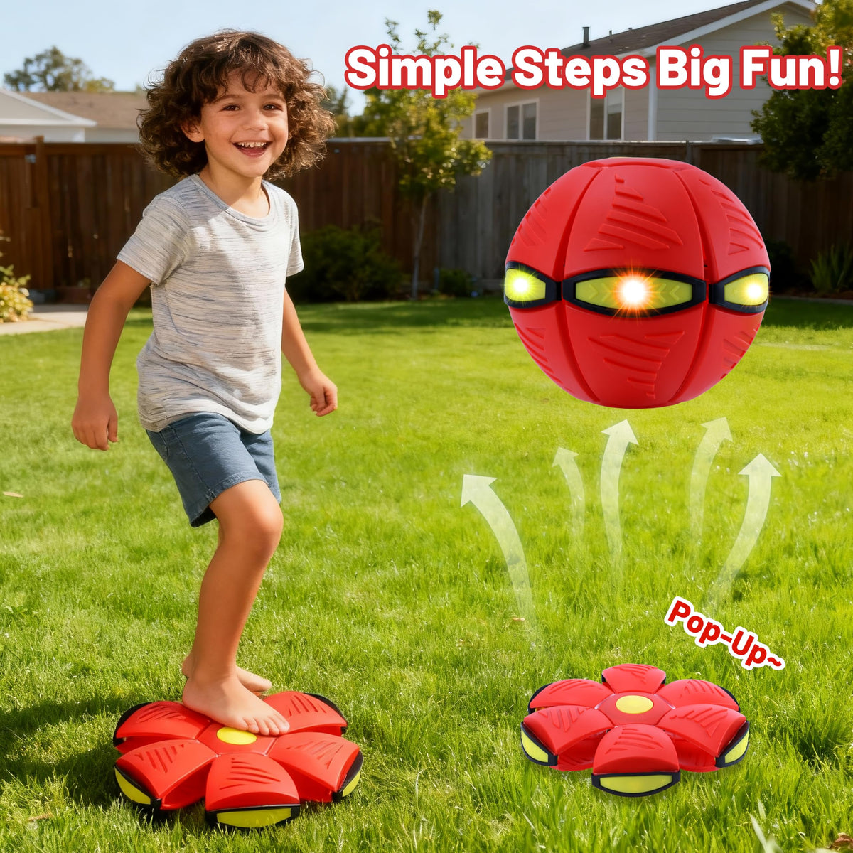 Comnonage Magic Metaball flying saucer mode glowing during outdoor toss.