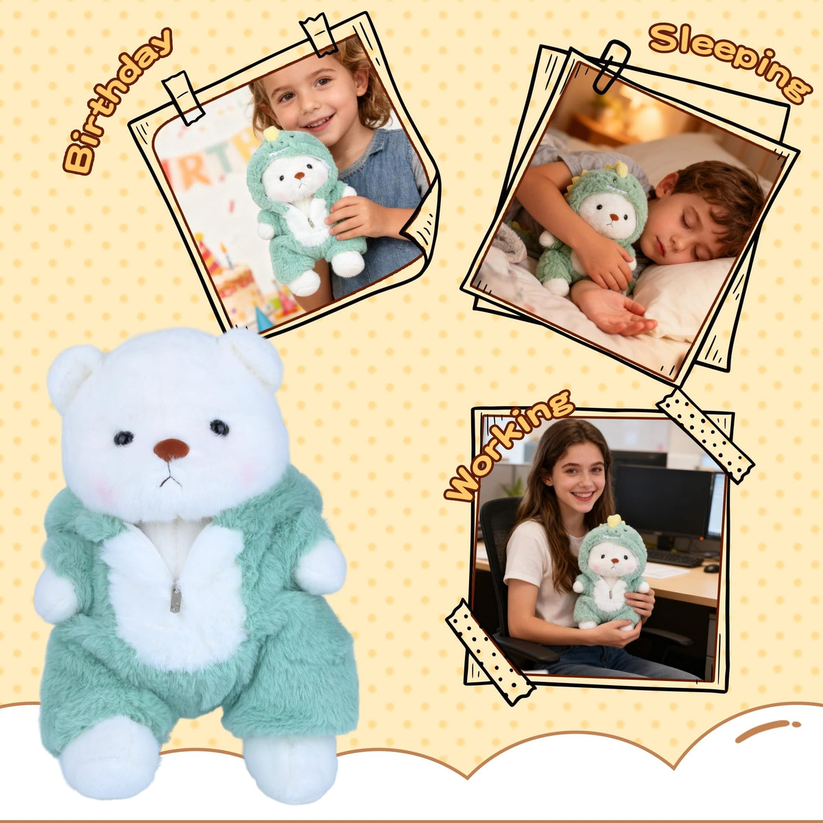 Lightweight teddy bear at 300g, easy to carry for travel and hugs.