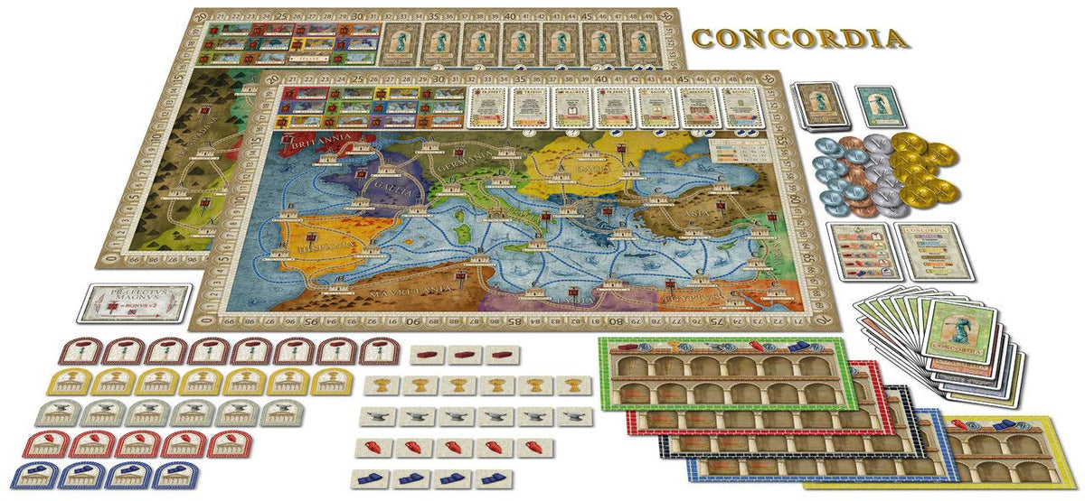 Roman Empire setting with route tiles and resources on display.