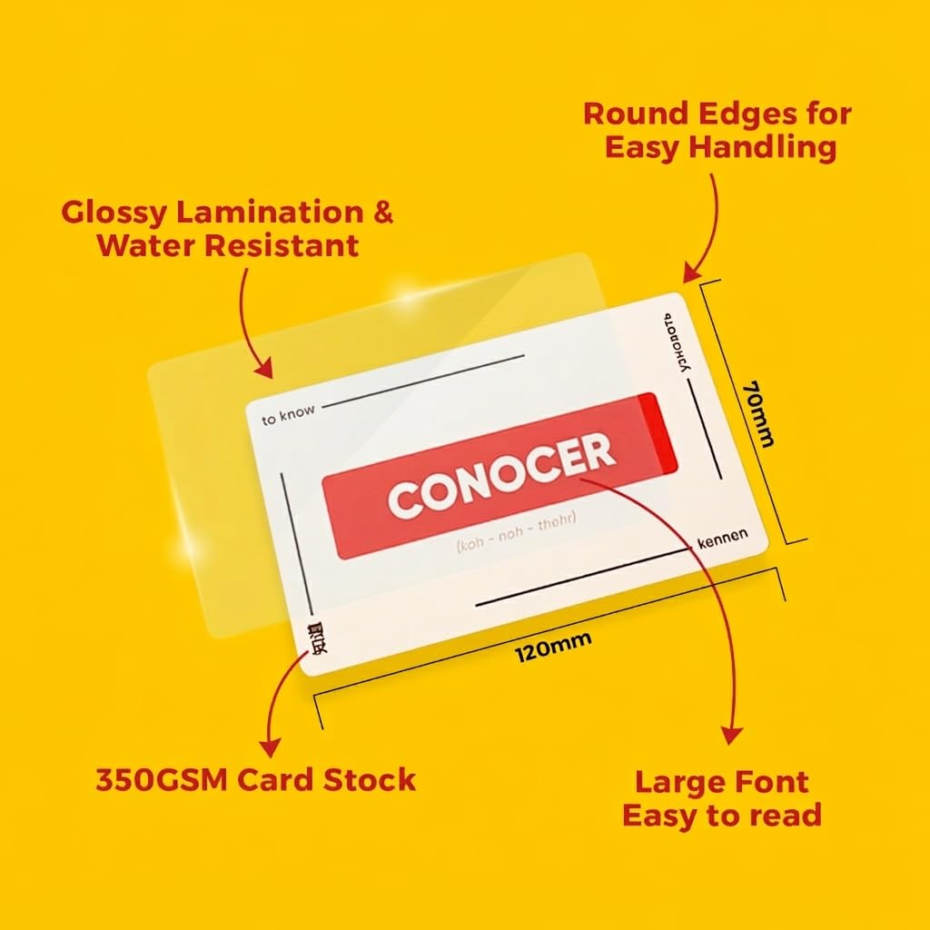 Durable 350G cardstock with glossy finish protects daily study with conJUGAR cards.