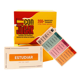 conJUGAR flashcards show color-coded present tense conjugations for quick memorization.