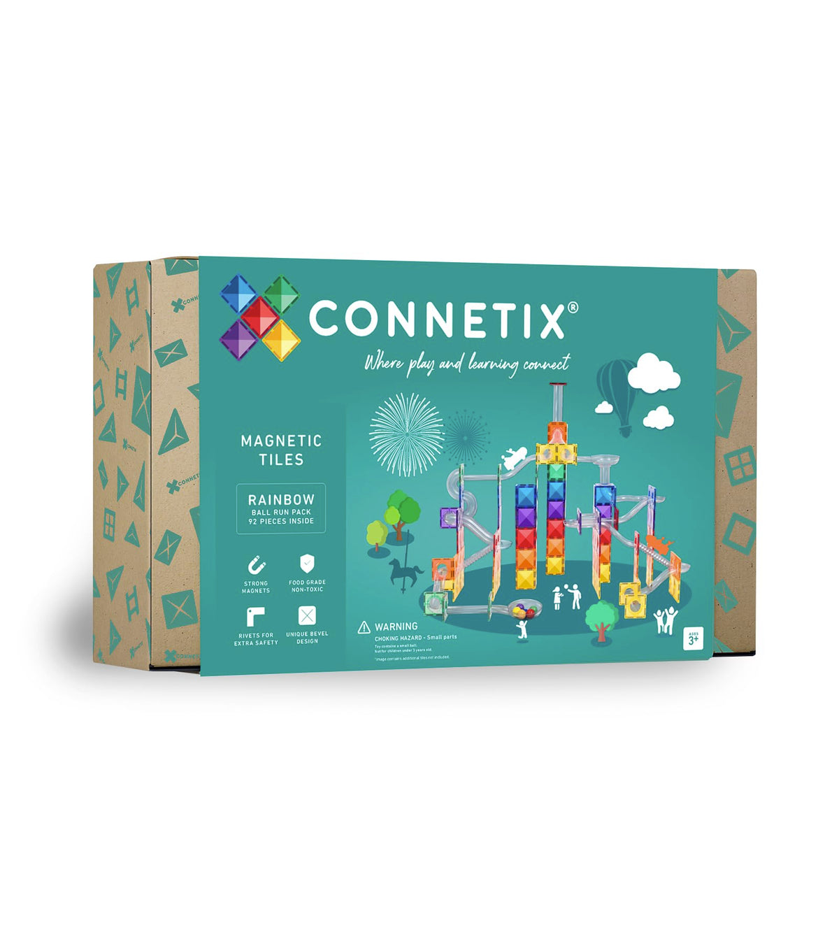 CONNETIX Rainbow Ball Run 92-piece set assembly highlights versatile magnetic tiles for creative construction.