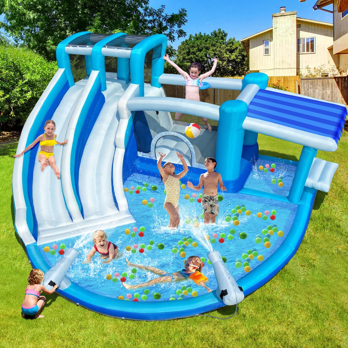 Connsann inflatable bounce house water park front view shows durable Oxford fabric