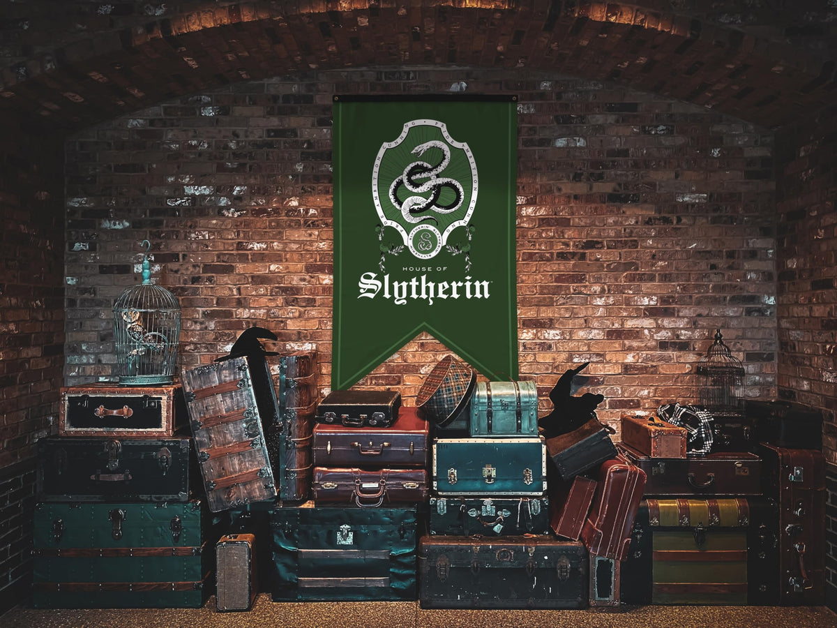 CON*QUEST Slytherin banner enhances party decor in Hogwarts rooms.