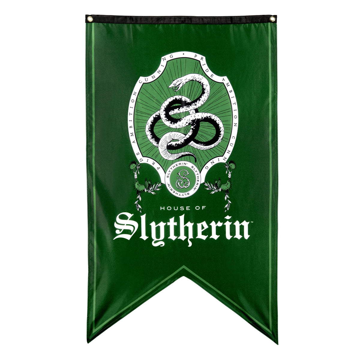 CON*QUEST Slytherin crest banner, 30x50 inch, ideal wall decor for Hogwarts fans.