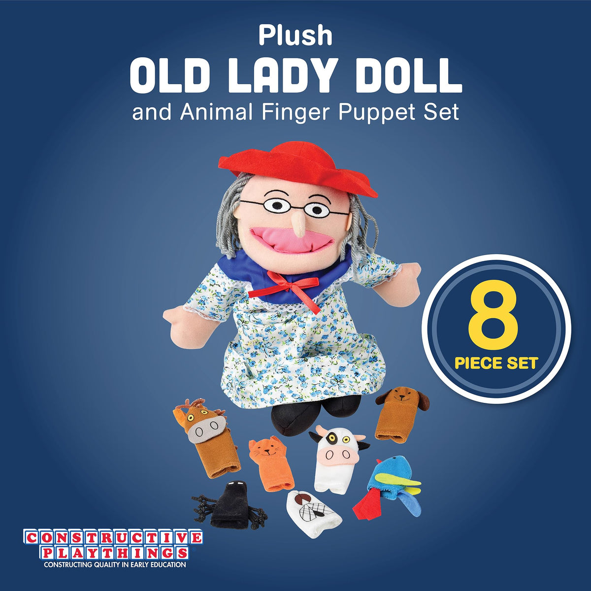 Constructive Playthings animal finger puppets collection beside the old lady for a playful tale.