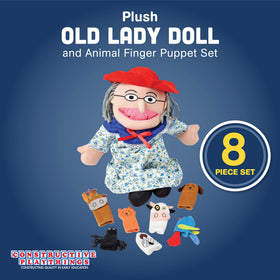 Constructive Playthings animal finger puppets collection beside the old lady for a playful tale.