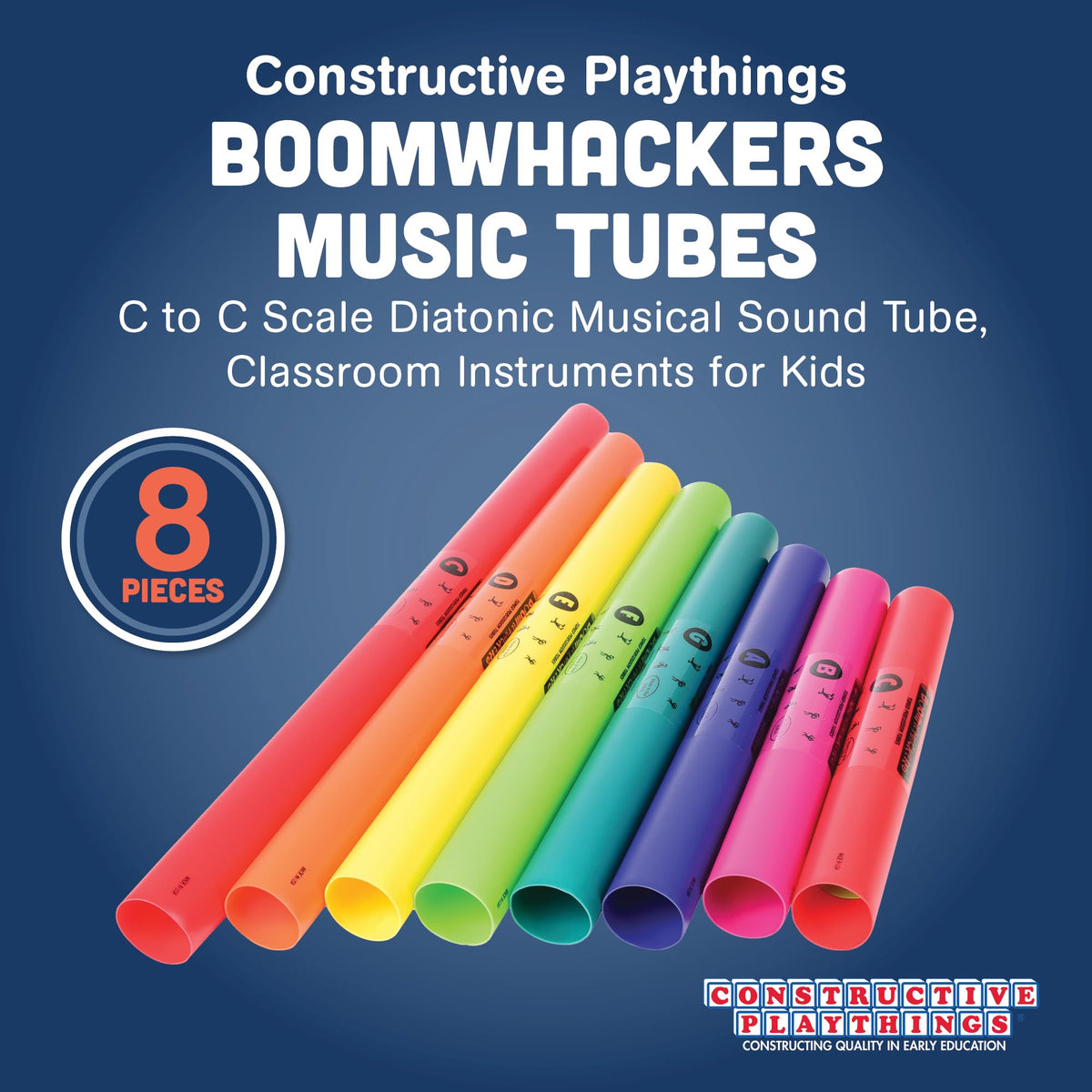Constructive Playthings Boomwhackers eight-note set with color-gradations visualizes pitch.