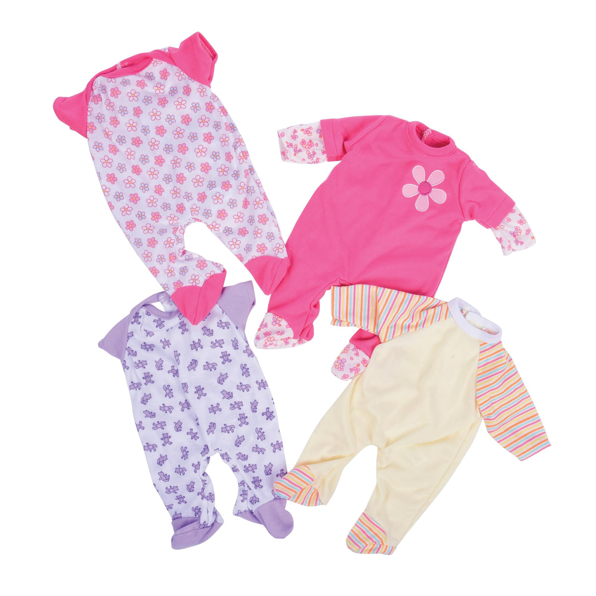 Constructive Playthings four-piece doll pajamas on a doll for cozy bedtime play