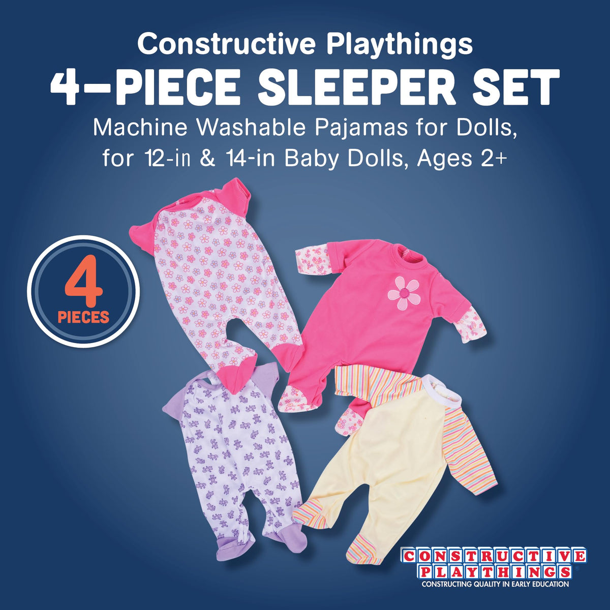 Constructive Playthings easy-dress doll sleepers with hook-and-loop closures for little hands