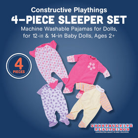 Constructive Playthings easy-dress doll sleepers with hook-and-loop closures for little hands