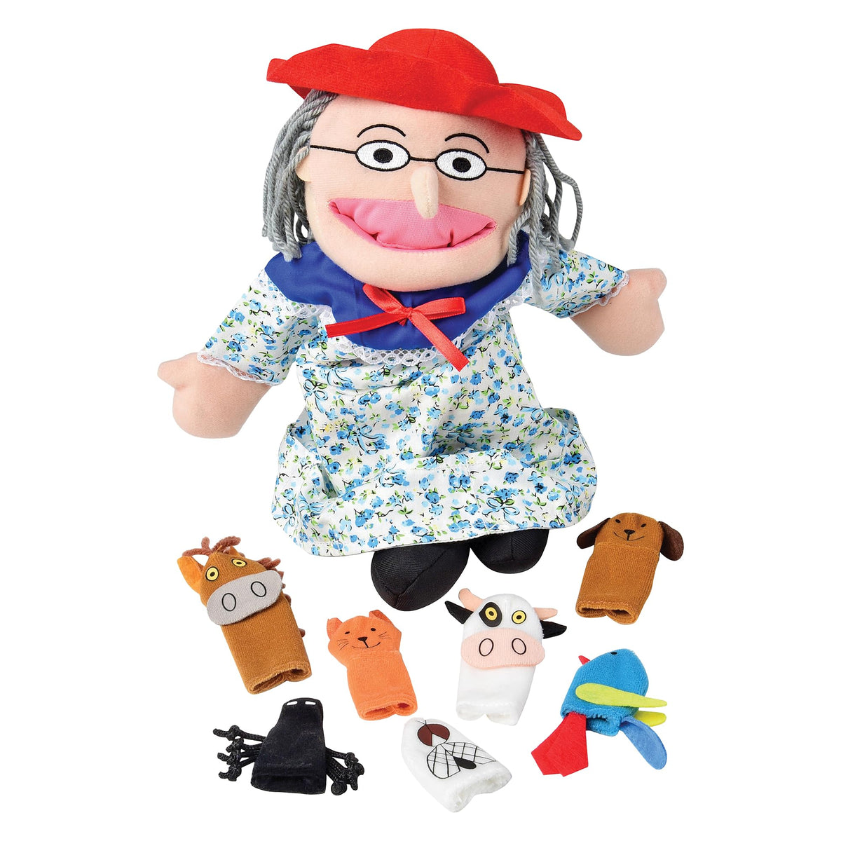 Constructive Playthings old lady doll with attached hair, glasses and hat for engaging storytime play.