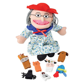 Constructive Playthings old lady doll with attached hair, glasses and hat for engaging storytime play.