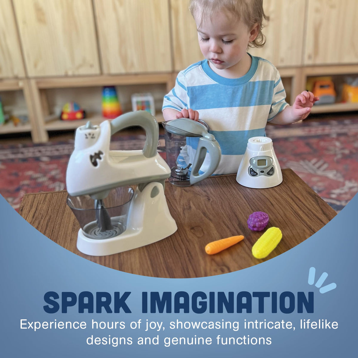 Constructive Playthings blender button-operated design for interactive pretend beverages.