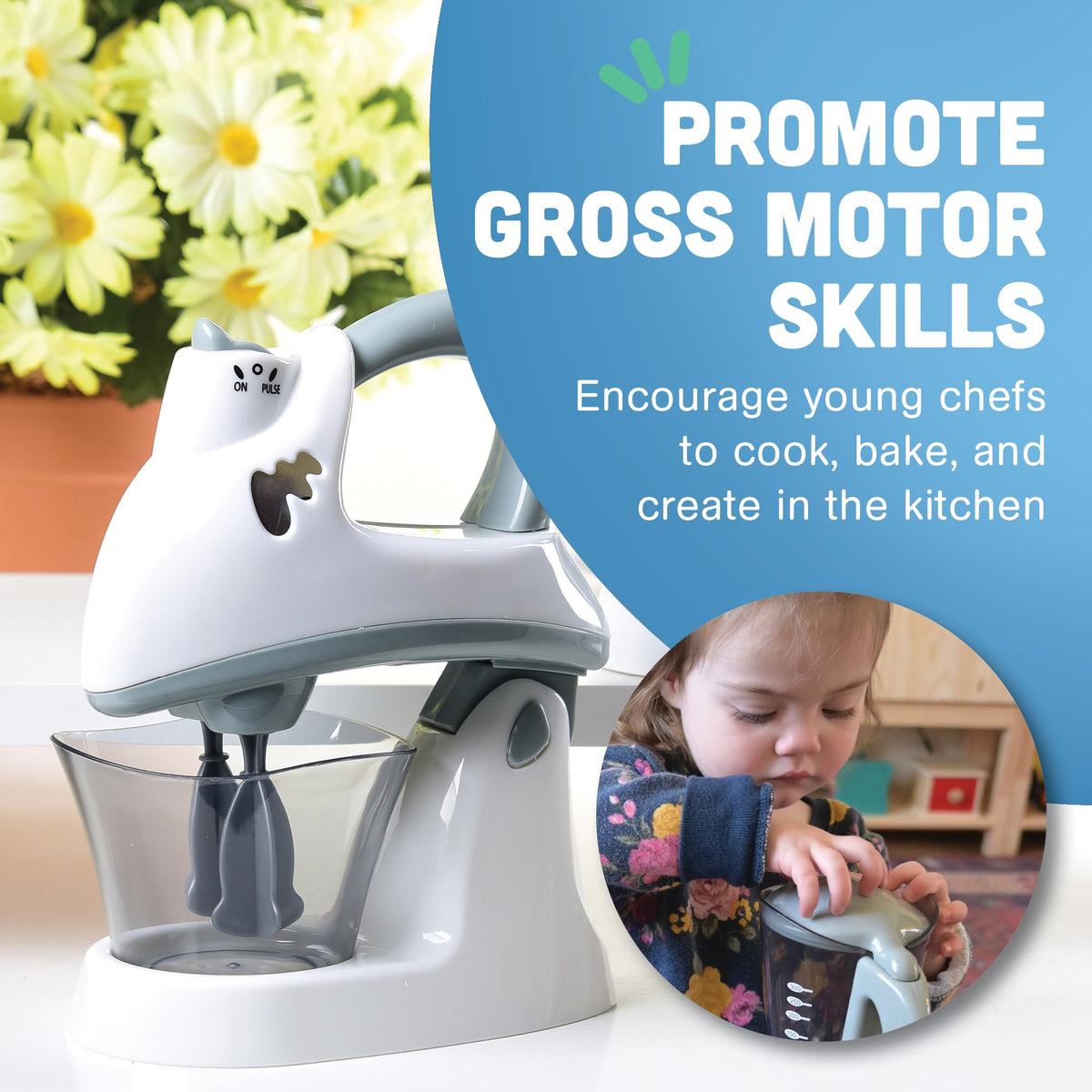 Constructive Playthings mixer paddles spin for an authentic kitchen feel during play.