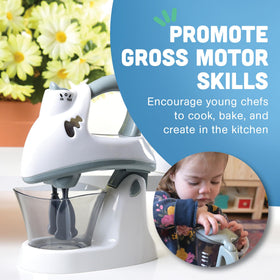 Constructive Playthings mixer paddles spin for an authentic kitchen feel during play.