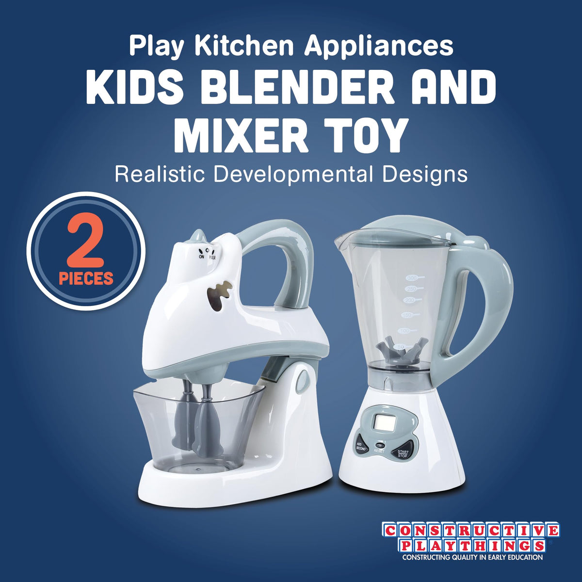 Constructive Playthings mixer with removable bowl for realistic baking role-play.
