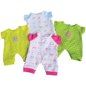 Constructive Playthings washable pajama outfits for 10-inch dolls with easy hook-and-loop closures.