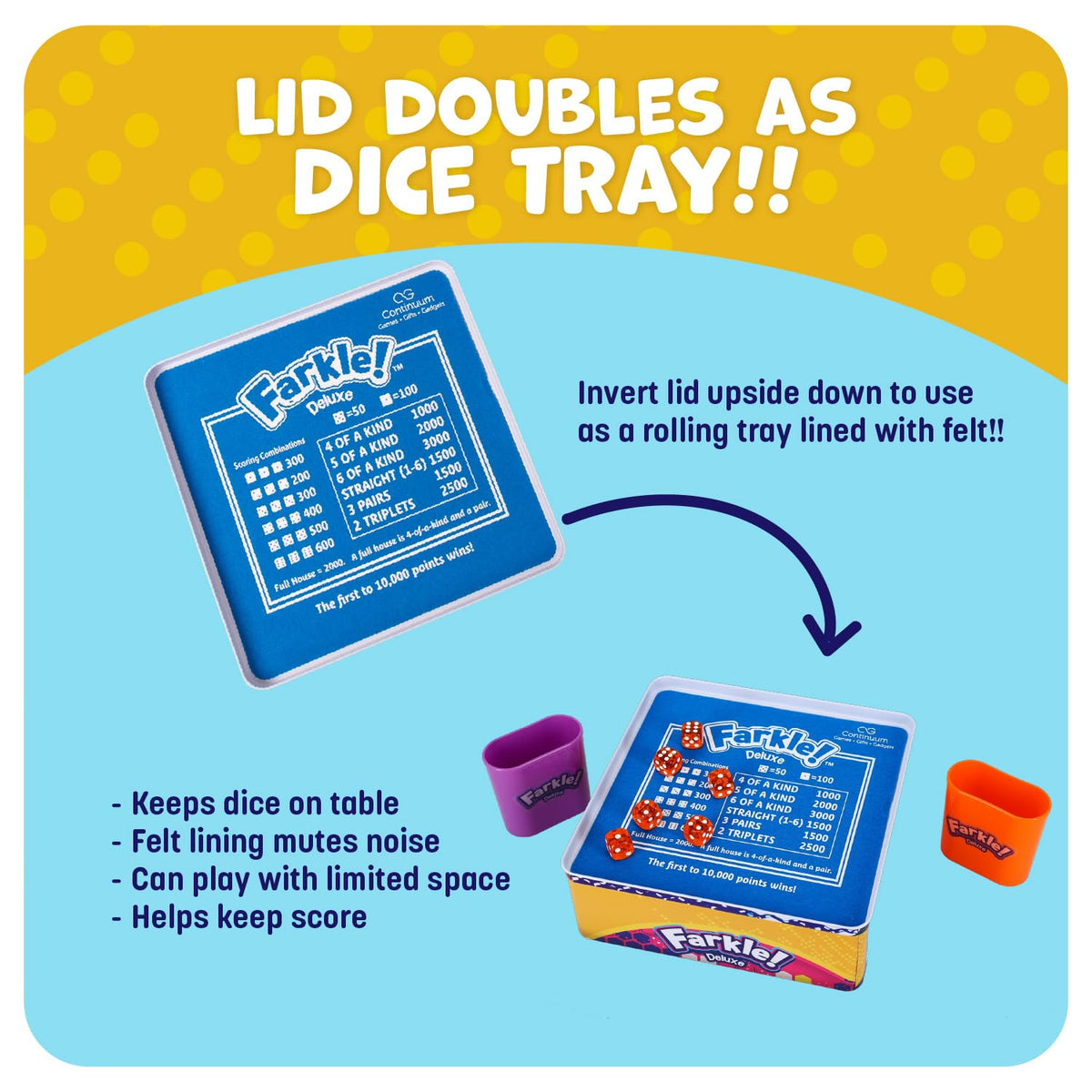 Continuum Games Farkle Deluxe travel tin keeps everything secure for trips.