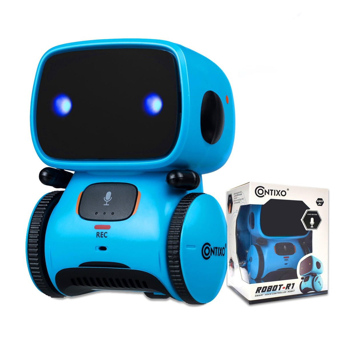 Contixo R1 blue front view, kid-friendly robot toy for imaginative play and learning