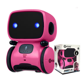 Contixo R1 pink robot toy, front view, voice control for kid-friendly play.