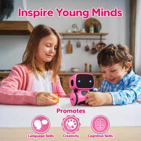 Contixo R1 pink robot toy, side view, touch sensor enables interactive learning.