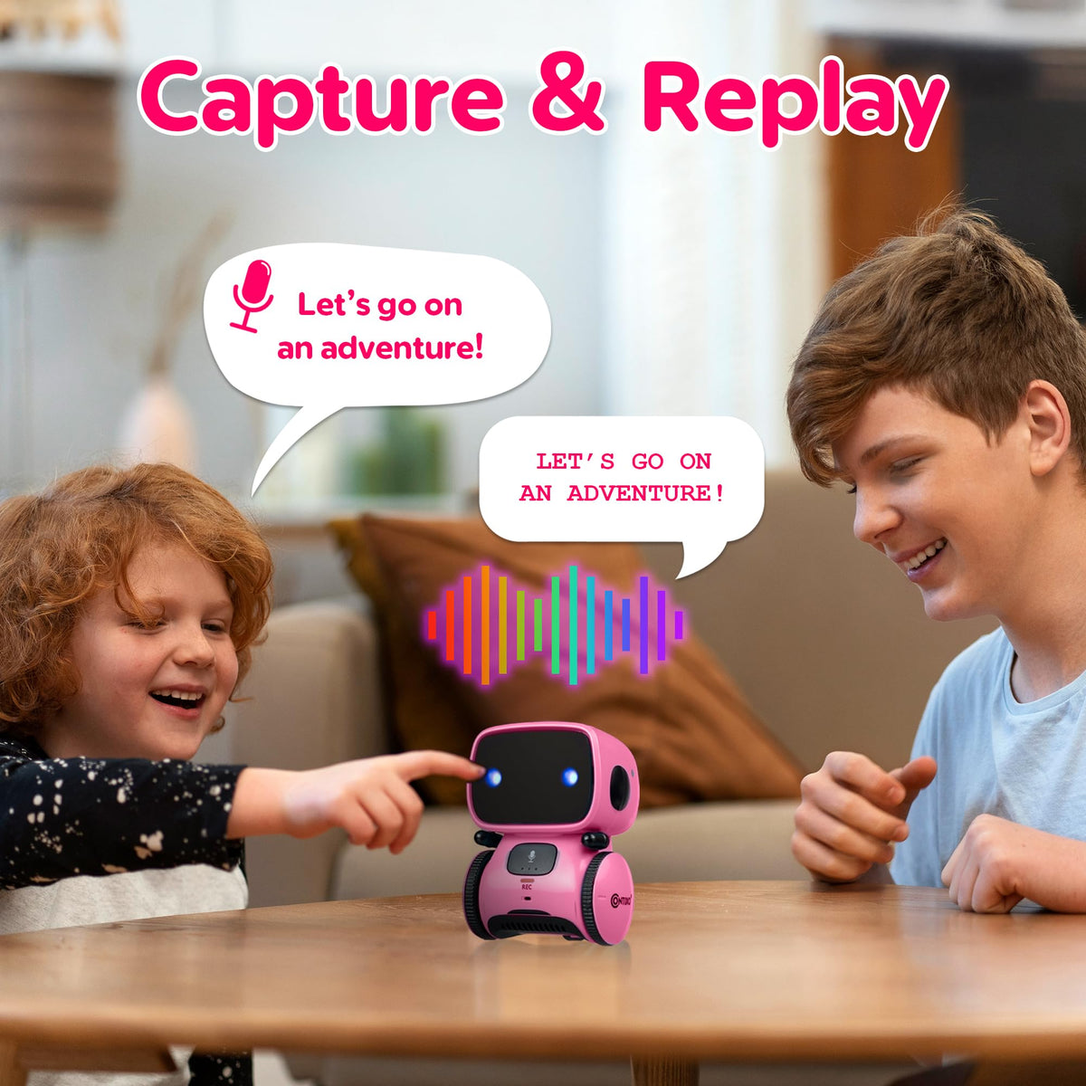 Contixo R1 pink robot toy, close-up controls and recording feature.