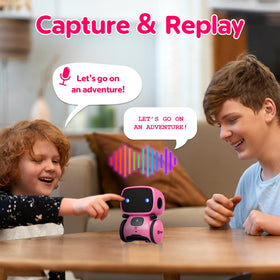 Contixo R1 pink robot toy, close-up controls and recording feature.