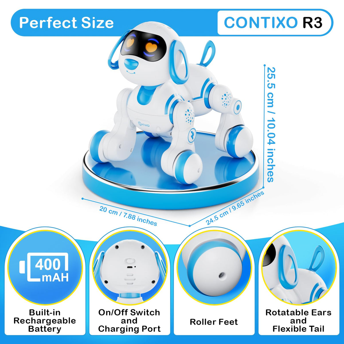 Contixo R3 adorable robot dog ready as a friendly classroom companion.