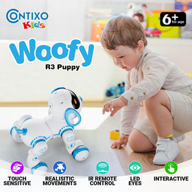 Contixo R3 robot dog in a sitting pose for calm, focused interaction.