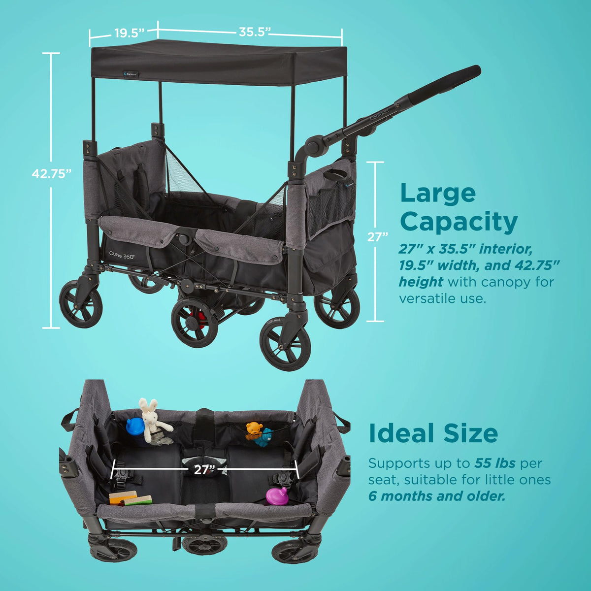 Contours Curve 360 5-point harness and center brake ensure secure rides.