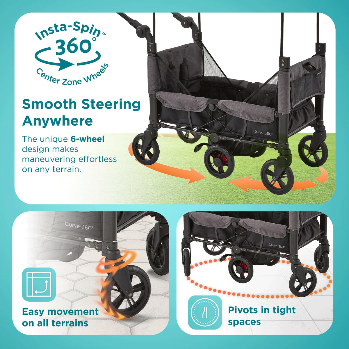 Contours Curve 360 compatible with 30+ infant car seats via included adapters.